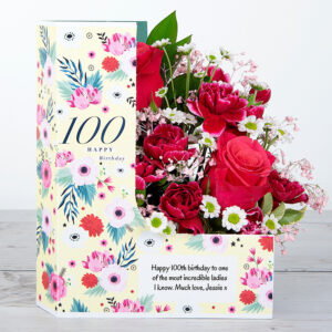 100th Birthday Flowers with Dutch Roses, White Chrysanthemums and Spray Carnations