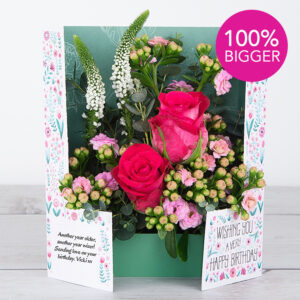 Birthday Flowercard with Dutch Roses, Cerise Kalanchoe, Veronica and Eucalyptus Gunnii
