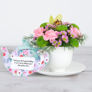 Green Orchids and Pink Carnations with Ming Ferns, Santini and Chrysanthemum Teacup Birthday Flowers