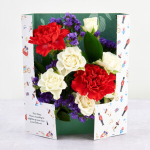 King Charles’ Coronation Celebration Flowers with White Spray Roses, Carnations, Ruscus Leaf and Statice
