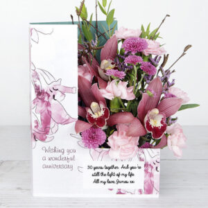 Personalised Anniversary Flowers with Cymbidium Orchids, Spray Carnations, Chrysanthemums, Lilac Willow, Limonium and Eucalyptus Parvifolia
