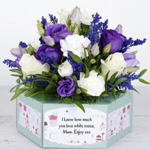 White Roses, Purple Lisianthus and White Spray Carnations 3D Flowerbox