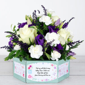 Mother’s Day Flowerbox with White Roses, Lisianthus, Spray Carnations, Solidago and Pistache