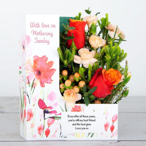 Mother’s Day Flowercard with Roses, Spray Carnations, Hypericum and Eucalyptus Parvifolia