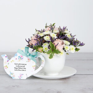 Mother’s Day Teacup and Flowers with Spray Rose, Chrysanthemum, Lilac Limonium and Pittosporum