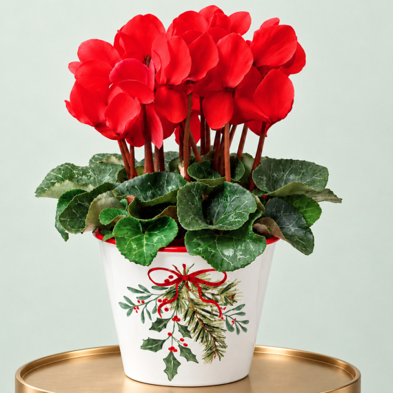Red Cyclamen in Mistletoe Pot